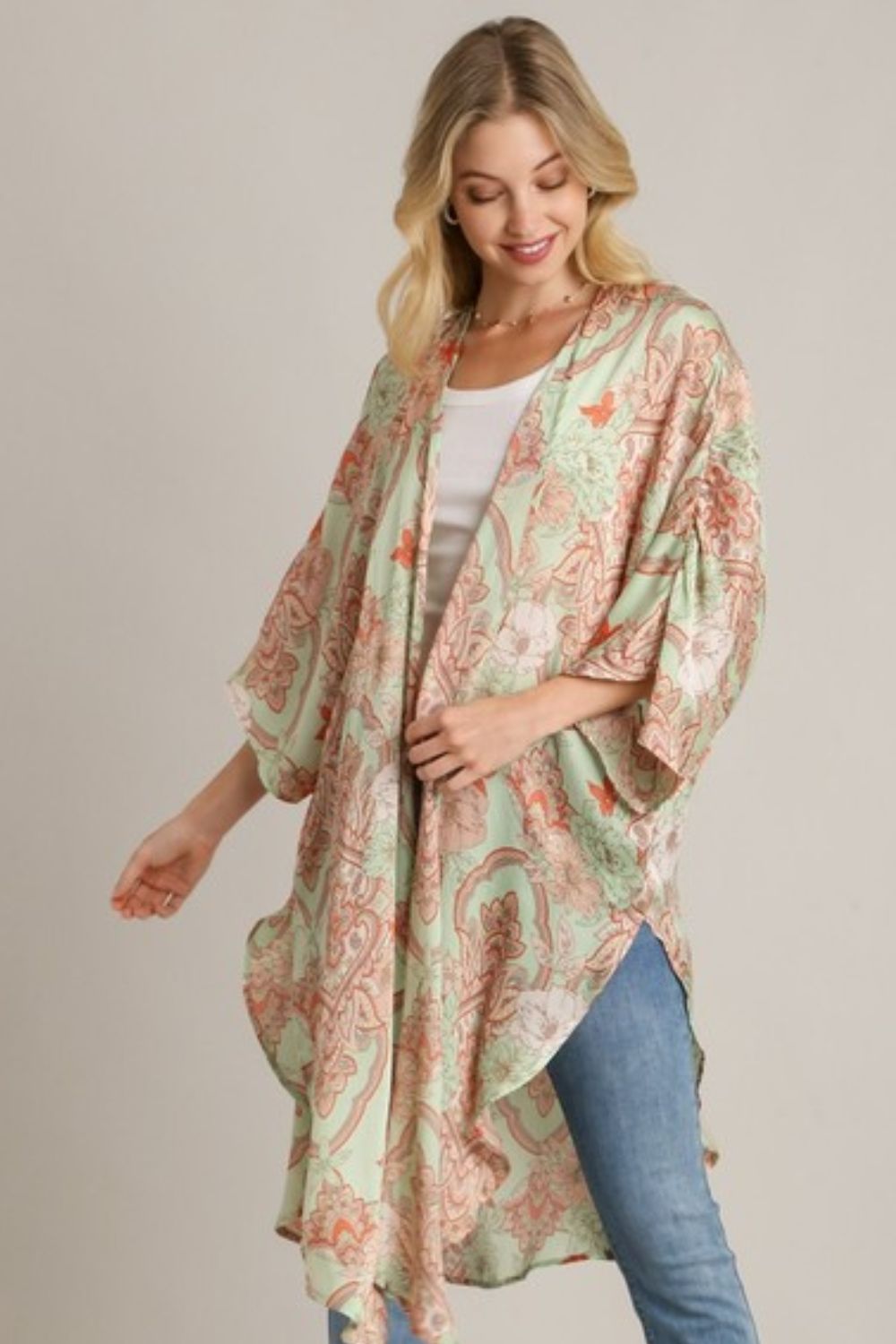 Umgee Kimono Floral Mixed Print Open Front with Ruffle Sleeves PISTACHIO MIX 596b5185-ca7b-477d-a974-fe5a26ca29e1-Max Trendsi