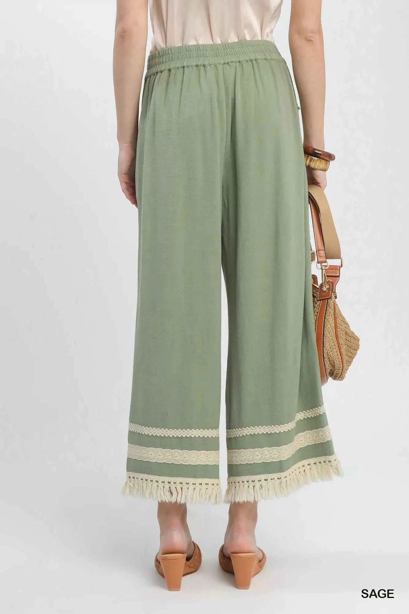 Umgee Wide Leg Pants Lace Trim Fringe Hem Sage Green Trousers 5975e18e-08ff-4d91-b6dd-a6bd9c28489b-Max-Origin Trendsi