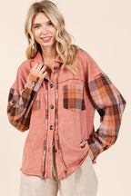 Mittoshop Shirt Button Down Contrast Plaid Patchwork Shacket Long Sleeve Terracotta 5985665e-1a79-4543-b68e-8a609a5ab7ab-Min Trendsi