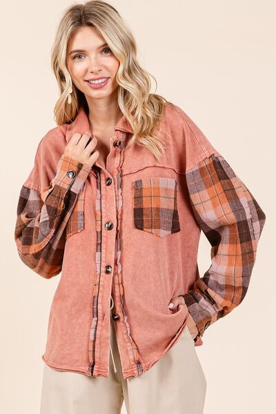 Mittoshop Shirt Button Down Contrast Plaid Patchwork Shacket Long Sleeve Terracotta 5985665e-1a79-4543-b68e-8a609a5ab7ab-Min Trendsi