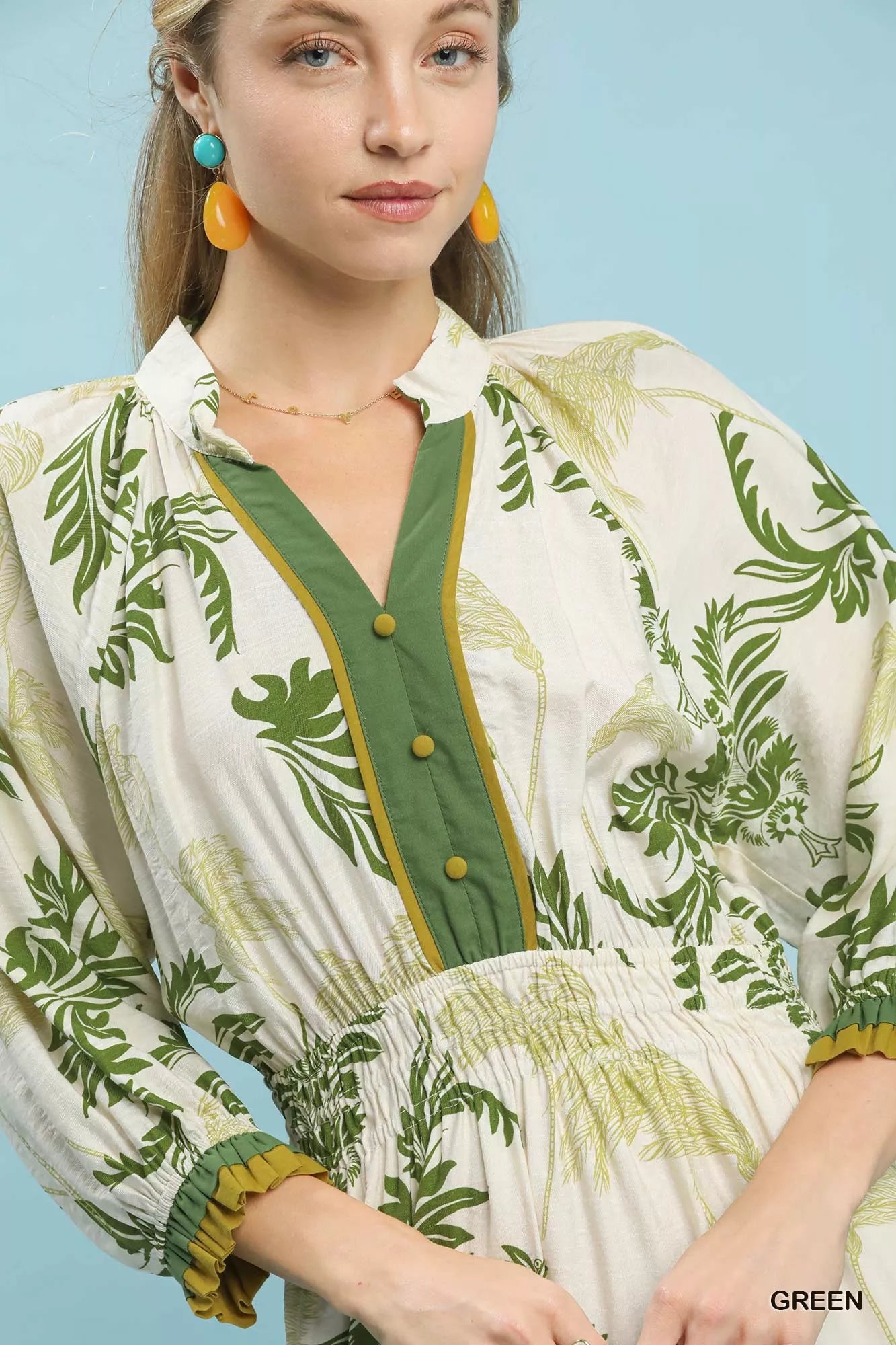 Umgee Midi Dress Green Tropical Print Button Detail Smocked 3/4 Sleeve 5988b0f4-f92c-4e6a-8b50-cf5d06879fc5-Max-Origin Trendsi