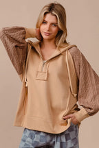 BiBi Women's Hoodie Taupe Half Zip French Terry with Kint Sleeves 598a5873628b41d4885b1bdd0646c744-Max-Origin Trendsi