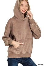 Zenana Womens Fleece Hoodie Brown Acid Wash Kangaroo Pocket 598a77cda4214eb8b68bd37c5d6523d1-Max-Origin Trendsi