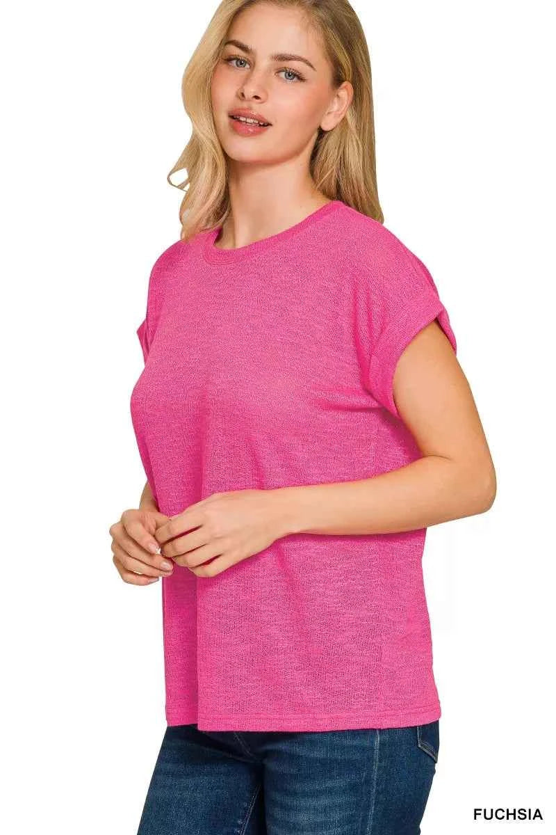 Zenana T-shirt Fuchsia Pink Hacci Slub Rolled Up Short Sleeve Top Tee 599083fec09b4cd2bde57dde48285ff7-Max-Origin Trendsi