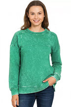 Zenana Womens Pullover Forest Green Acid Wash French Terry Exposed-Seam Top 59986bcf-c523-4f8f-a0e3-70551e343403-Max-Origin Trendsi