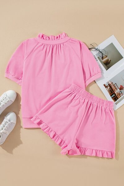 Women's Outfit Set Pink Half Zip Puff Sleeve Top and Ruffled Shorts 2 Pcs 599940b4-7553-4a8a-873a-3e274845e11e-Min Trendsi