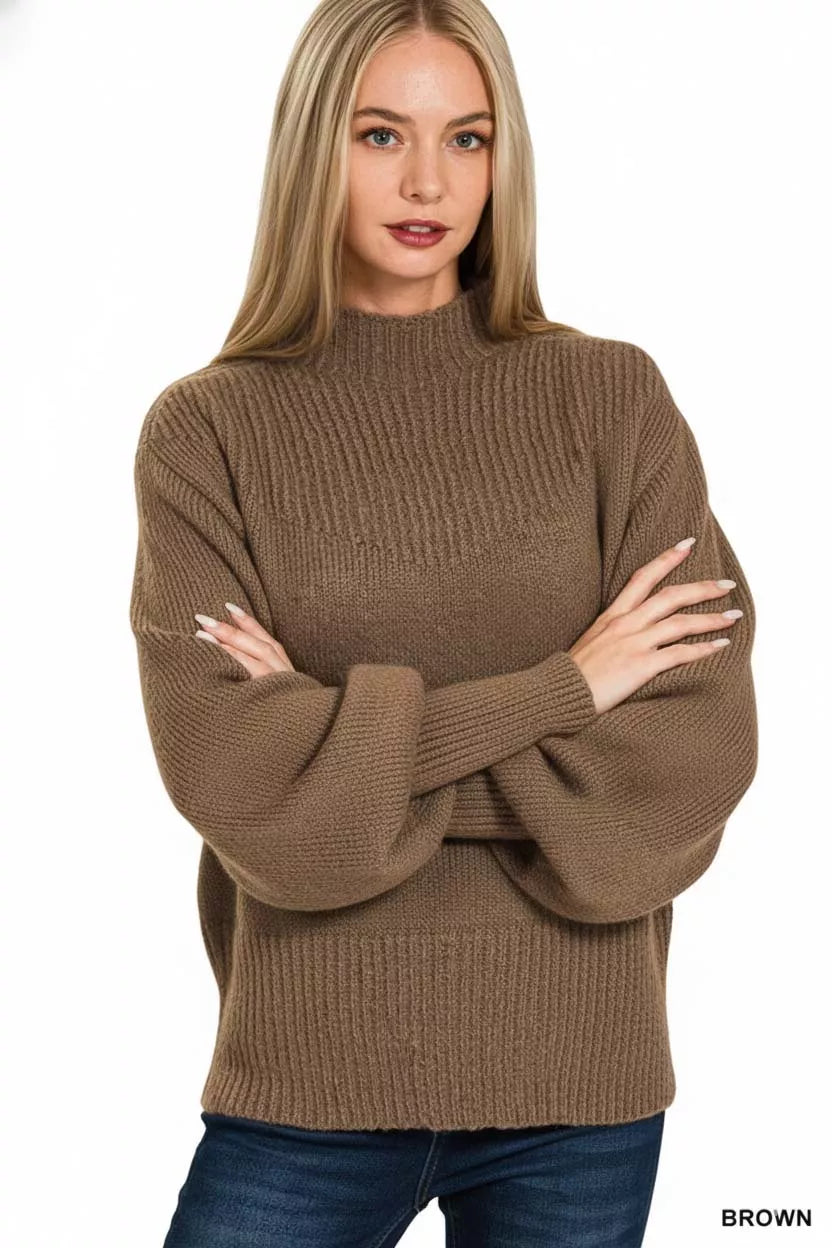 Zenana Womens Sweater Brown Knit Balloon Sleeve Mock Neck Pullover 59999fd9-27c8-410f-870c-3814daaf1597-Max-Origin Trendsi