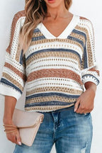 Women Knit T-shirt Openwork Colorful Striped V Neck Half Sleeve Top 59ae33c6-7614-43c3-854b-1dd4d76c563e-Min Trendsi