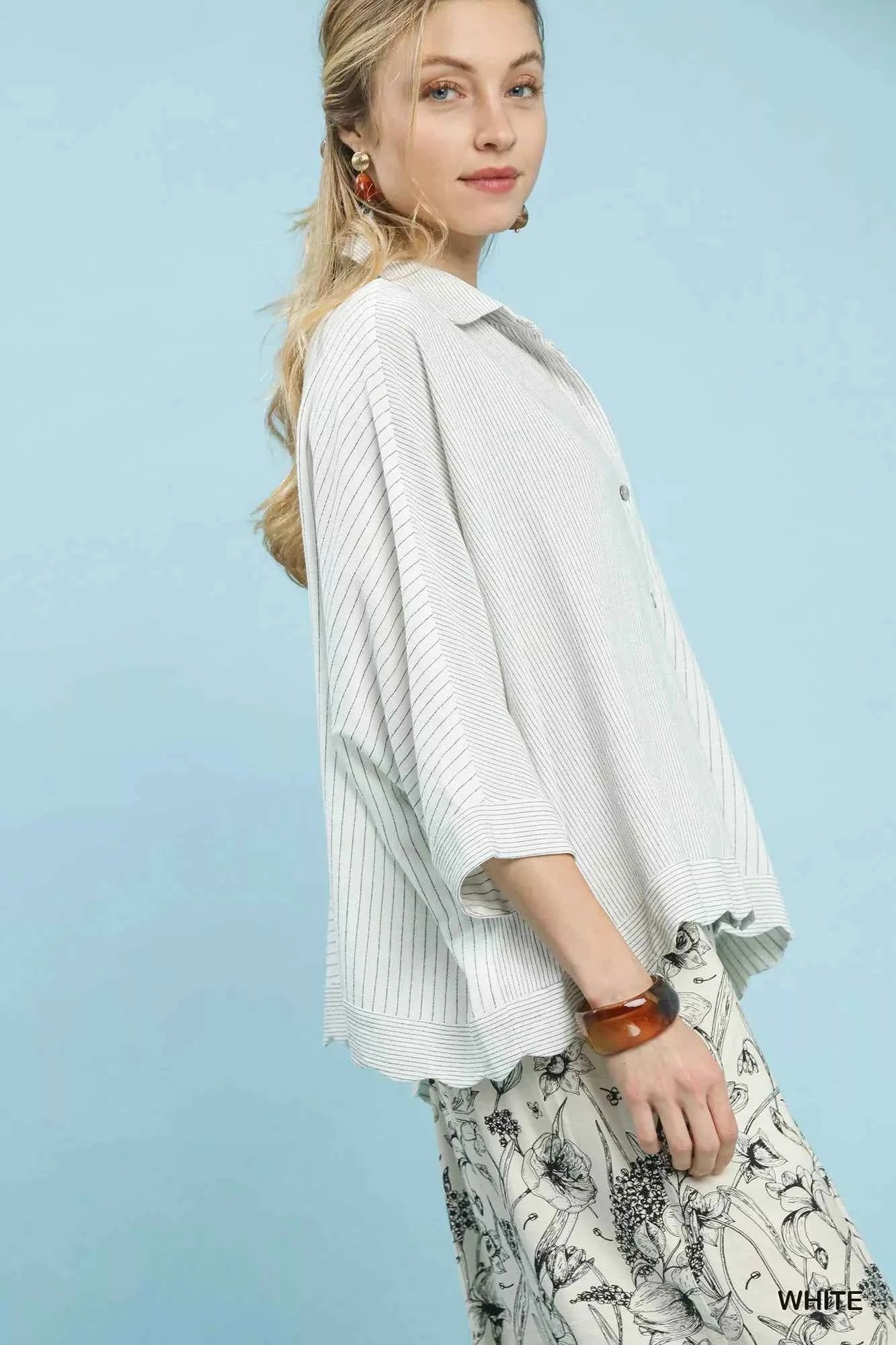 Umgee Shirt Oversized Striped White Short Sleeve Top 59b10517-5230-416a-9f20-cc4094fc2d02-Max-Origin Trendsi