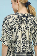 Umgee Blouse Cream Two Tone Boarder Print Top Short Puff Sleeves 59b24927-0a44-453d-ad48-6f9e404d012f-Max-Origin Trendsi