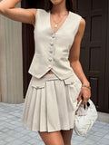 Button-Up Vest and Pleated Mini Skirt Two-Piece Set