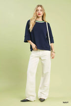 Umgee Womens Knit Top Navy Ribbed with Contrast Trim Neck 59bbc52a-b31d-4914-a9e9-1fc28ffb34c6-Max-Origin Trendsi