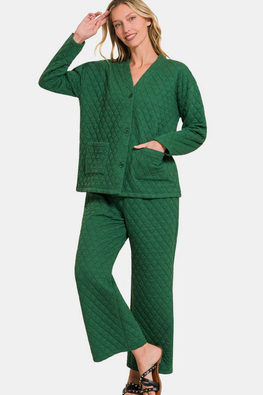 Zenana Quilted Lounge Set Dark Green Long Sleeve Top Shirt and Pants Set