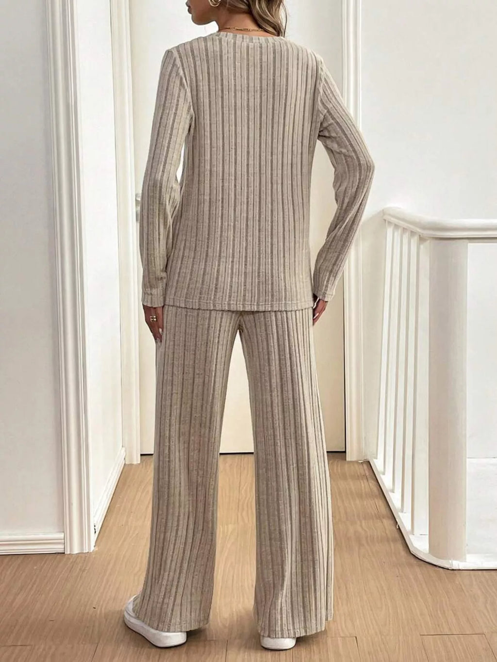 Women's Outfit Set Ribbed Button Detail Long Sleeve Top and Pants Set 2 Pcs 59c3abe31ece4ad284d2050b3a4ec1a5-Max-Origin Trendsi