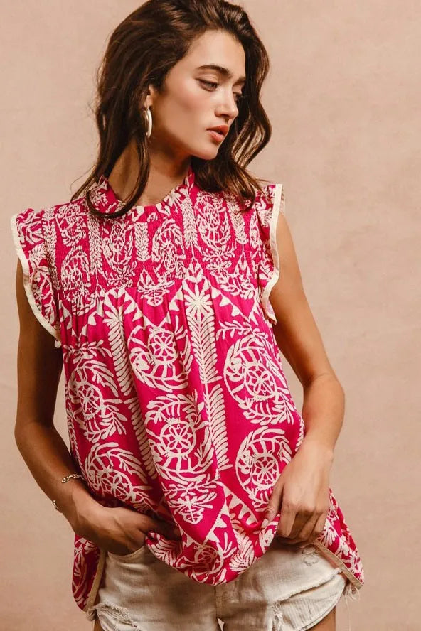 BiBi Women's Blouse Pink Floral Printed Ruffle Short Sleeve Top 59c4c0d50d6546c0b6ba1d3e79c25a89-Max-Origin Trendsi