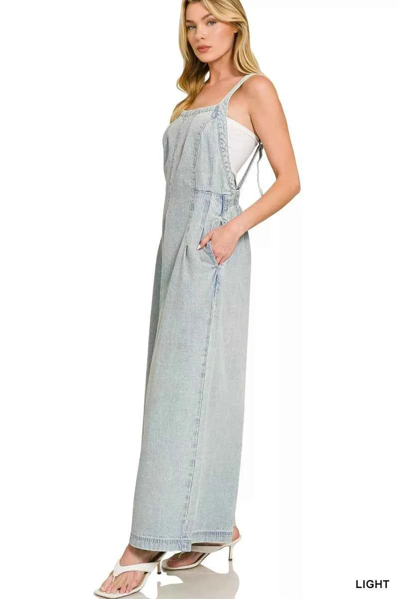 Zenana Denim Overalls Light Washed Wide Leg Cotton Jumpsuit 59c8495f18924f6fb756bd99e2272b95-Max-Origin Trendsi