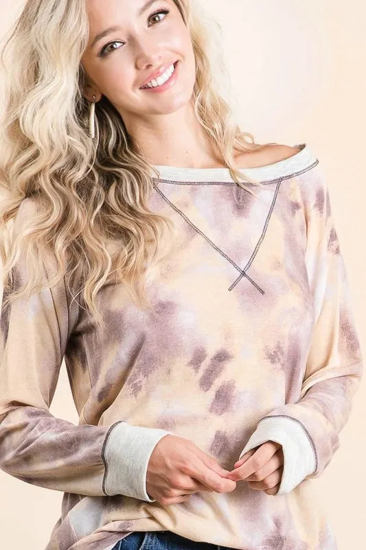 BiBi Womens Pullover Tie Dye Taupe Multi Terry With Contrast Stitching Top 59c9312c063d4230acc2fc0aa0cc4fbd-Max-Origin Trendsi