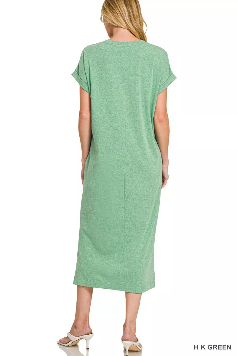 Zenana Midi Dress Green Round Neck Short Sleeve with Pocket 59e6f874aa7444bdbe99f7016e277e0f-Max-Origin Trendsi