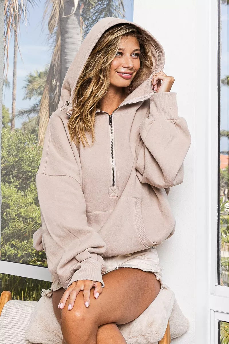 BiBi Womens Fleece Hoodie Taupe Stitch Detailed Elastic Hem Half Zip Top TAUPE 59ea0b89-1859-46ef-8862-bfac3b70eb26-Max-Origin Trendsi