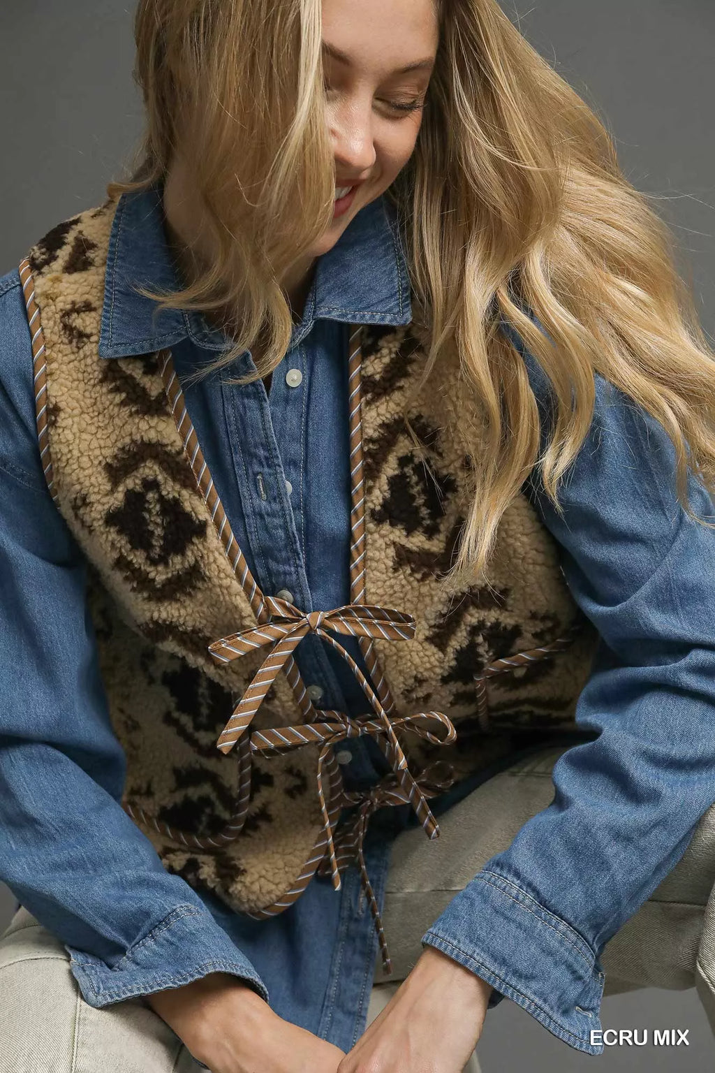 Umgee Womens Vest Sherpa Tie-Front Ecru Mix Geometric Patterned Pocketed 59ef0072-e2fe-4c81-95c3-5b4c9657d752-Max-Origin Trendsi