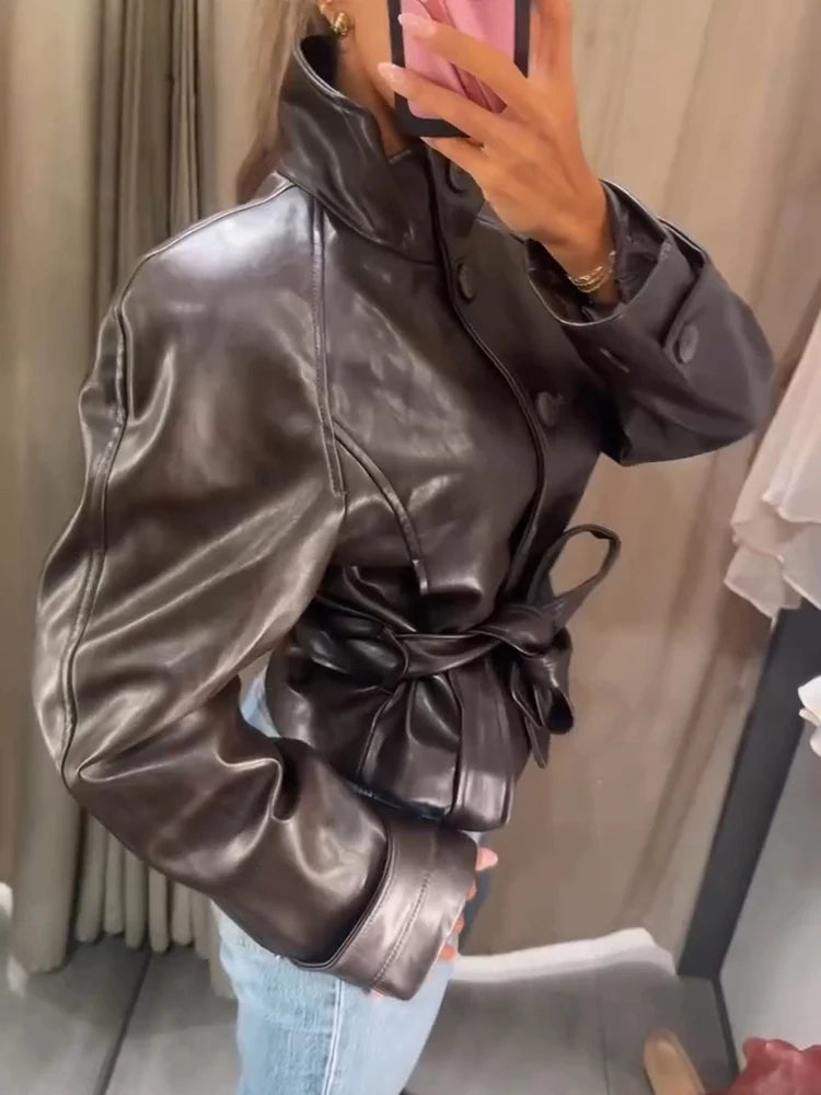 Women's Faux Leather Casual Fashion Jacket Belted Stand-Collar Button-Front Coat