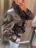 Women's Faux Leather Casual Fashion Jacket Belted Stand-Collar Button-Front Coat