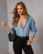 Casual Women's Denim Shirt Pearl Beaded Button-Up Long Sleeve Lightweight Top