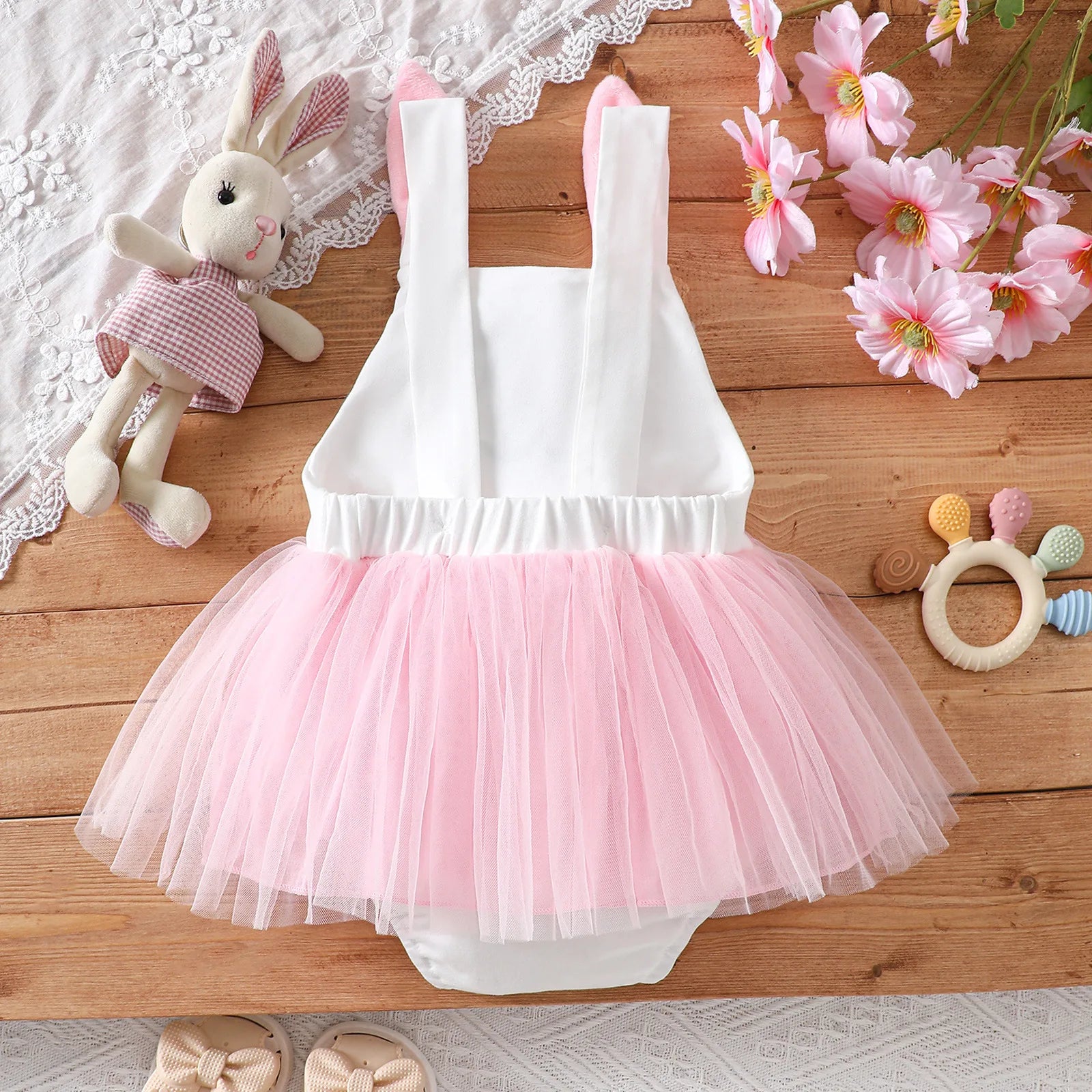 Baby Girl Easter Bunny Tutu Romper Cute 3D Rabbit Ear Infants Bodysuit + Fluffy Tulle Skirt One-Piece Newborns