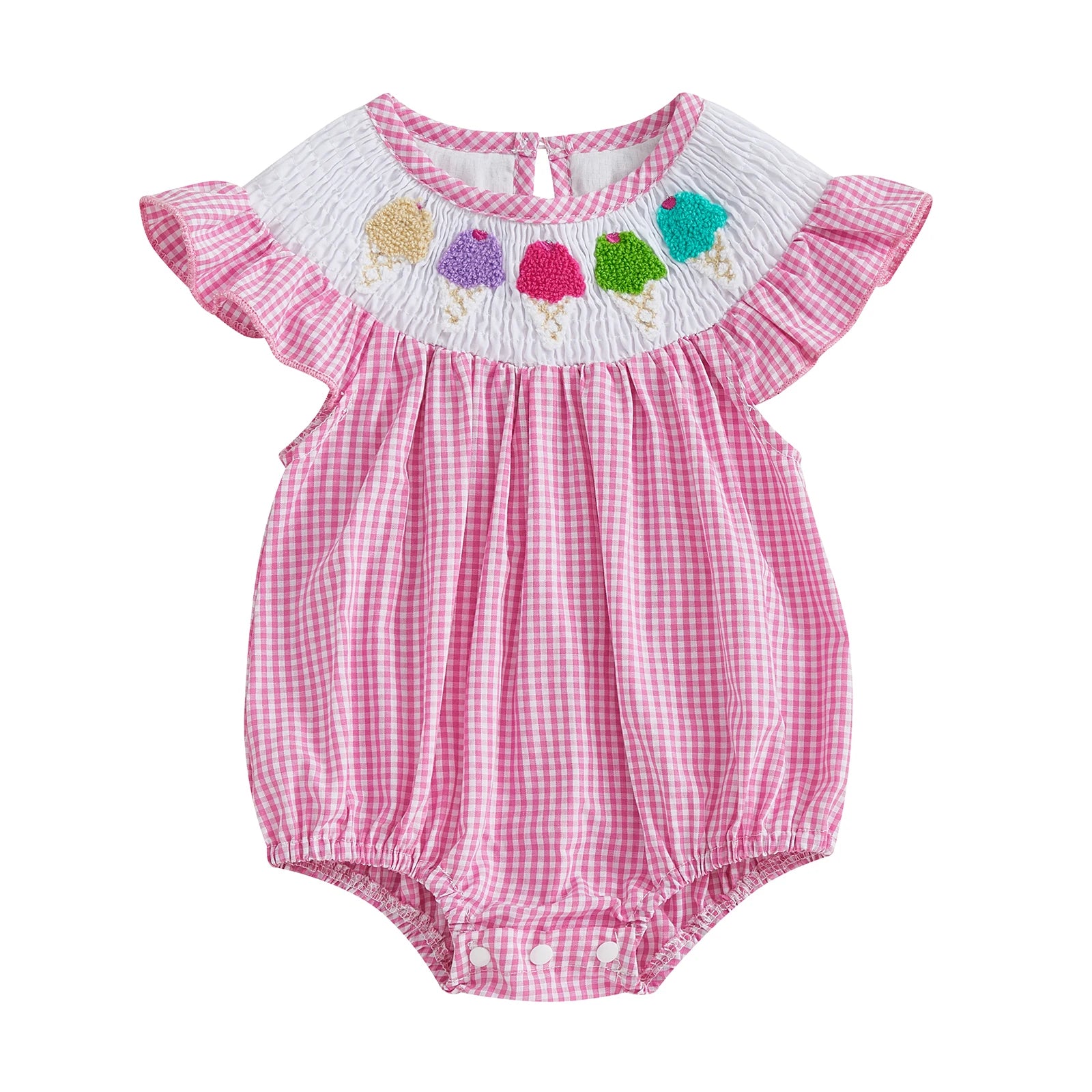 Baby Girls Rompers Ice Cream Embroidery Plaid Stripe Round Neck Fly Sleeve 0-18M