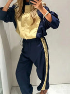 Women's Patchwork Zipper Jacket & High-Waisted Pants Set