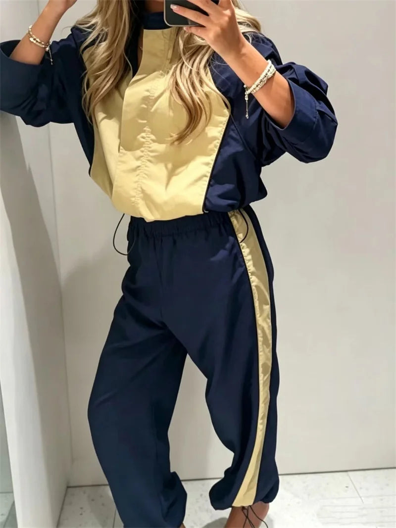 Women's Patchwork Zipper Jacket & High-Waisted Pants Set