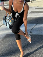 Damen Träger Capri Jumpsuits Mode Streetwear Sexy Elegant Schwarze Spitze Krawatte