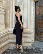 Bodycon Midi Dress One-Shoulder Ruched Side Slit Slimming Party Dresses