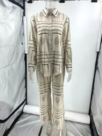 Women's Casual Fashion Outfit Set Cactus Print Long Sleeve Shirt Wide Leg Pants