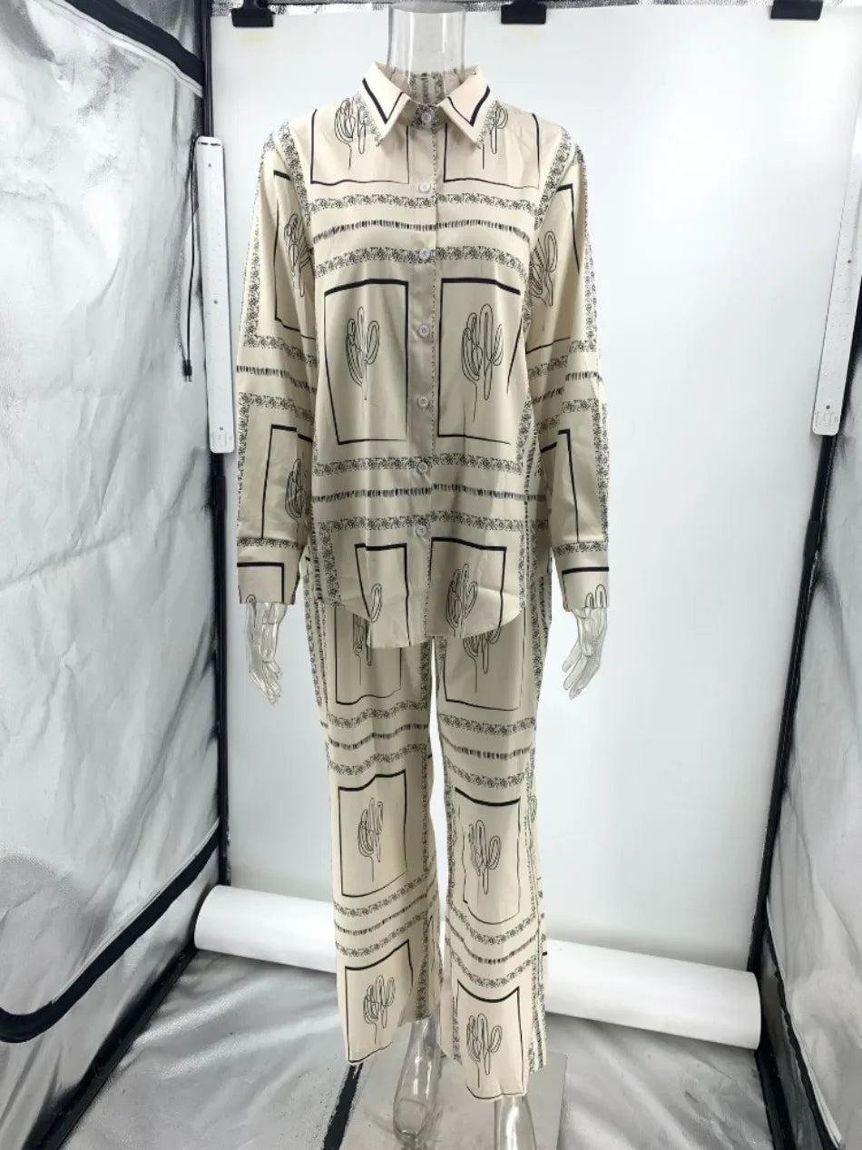 Women's Casual Fashion Outfit Set Cactus Print Long Sleeve Shirt Wide Leg Pants
