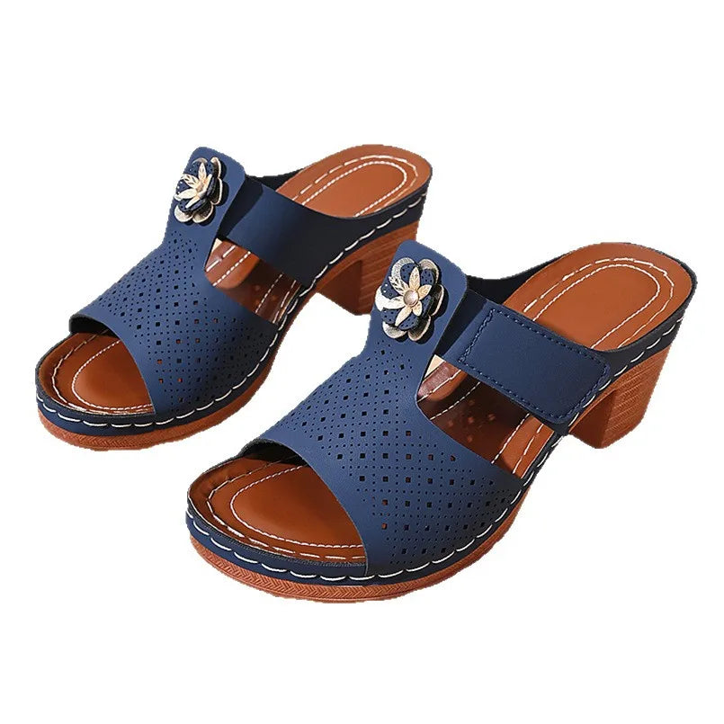 Women Open Toe Block Heel Sandals Mid Heel Hollow Flower Slippers Casual Slip-On