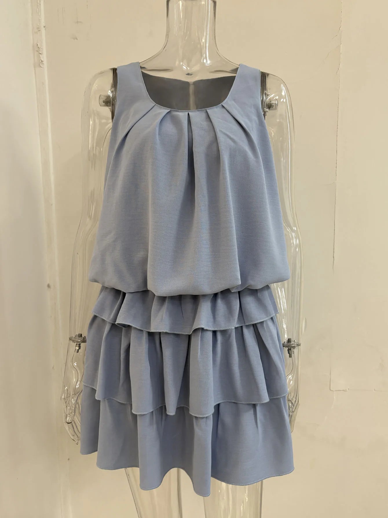 Mini Casual Dress Layered Ruffles Flounce Sleeveless Summer Loose Fashion S-2XL