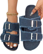 Denim Slippers Women Buckled Fringe Double Strap Comfortable Sandals
