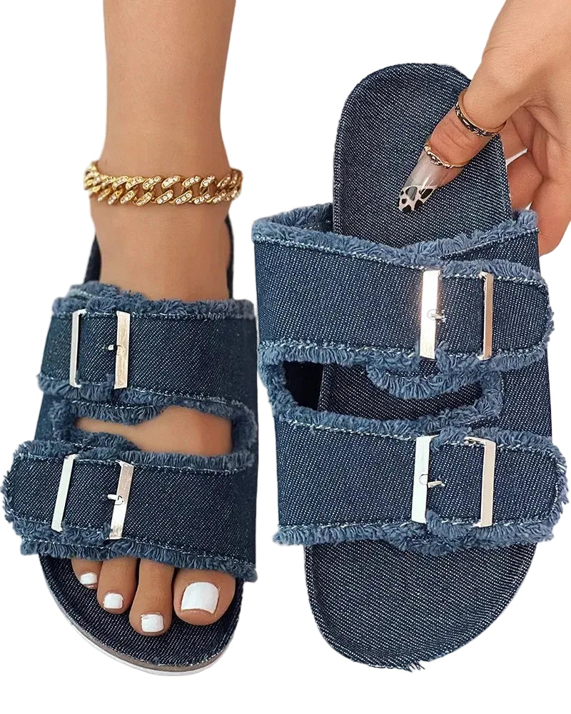 Denim Slippers Women Buckled Fringe Double Strap Comfortable Sandals