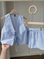 Summer Outfit Set Blue Striped Tie-Front Sleevless Vest and Shorts Casual 2 Pcs