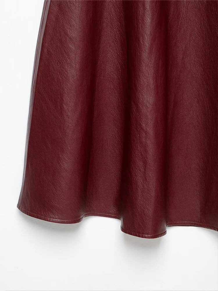 Women's Faux Leather Midi Skirt High-Waisted Pleated Casual Fashion