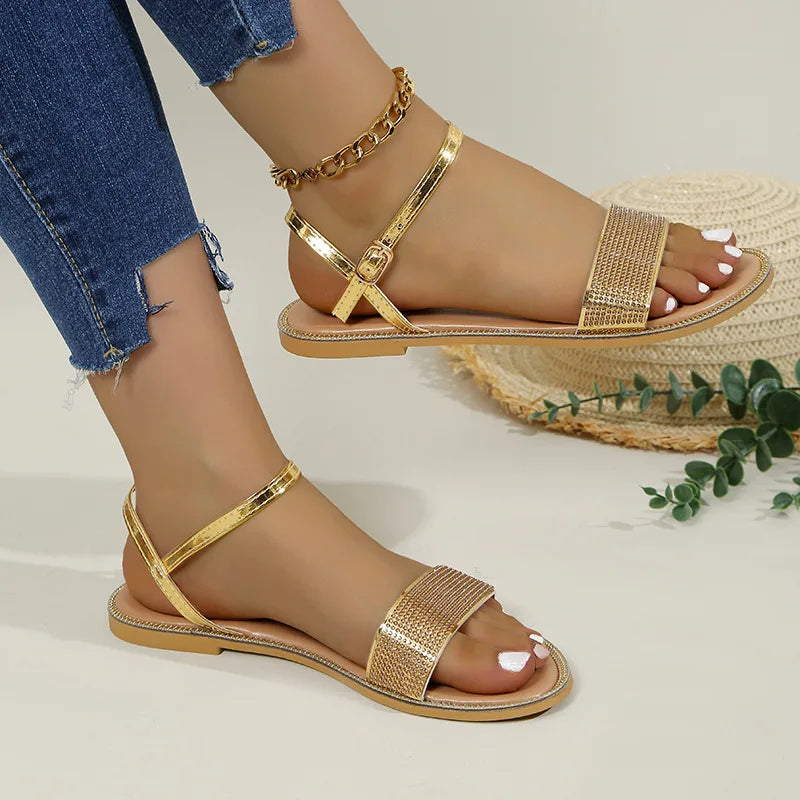 Rhinestone Women's Sandals Ankle Strap Pu Leather Open Toe Summer Flats