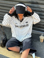 Women's Oversized Top Los Angeles Striped White Black Retro American Long Sleeve