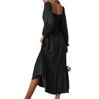 Midi Dresses Women's Square Neck Smocked Tiered Long Sleeve Ruffle High Waist