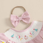 Baby Girl Birthday Romper Cupcake Embroidery Plush Ball Ruffle Short Sleeve Bodysuit