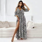 Leopard Maxi Dress Cold Shoulder Strap Sexy Side Slit Flowy Elegant Summer Dress