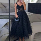 Black Midi Party Dress Polka Dot Tulle Mesh Sheer Sleeveless Ruffle High Waisted