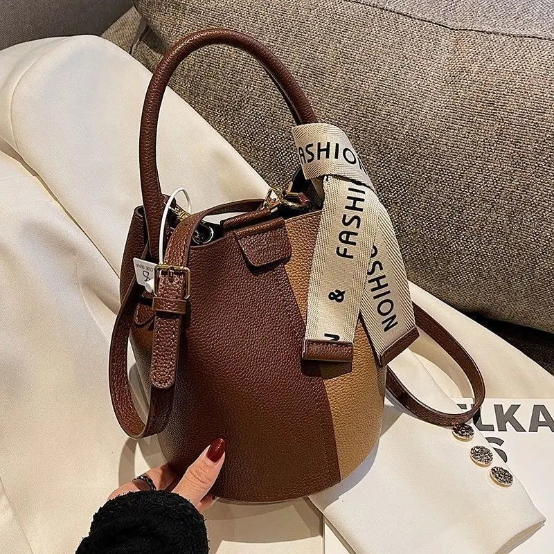 Women's Bucket Bag Small Coffee Brown PU Leather Two-Tone Casual Crossbody