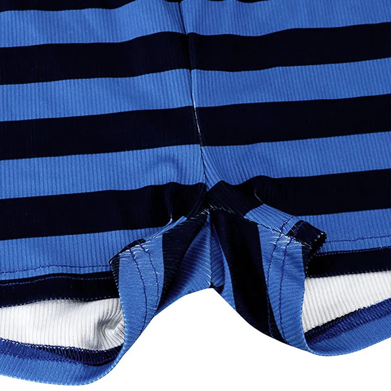 Sporty Women's Set Blue Striped Halter Neck Two-Piece Set with Top and Shorts