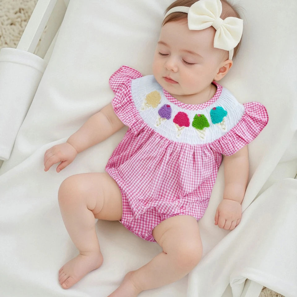 Baby Girls Rompers Ice Cream Embroidery Plaid Stripe Round Neck Fly Sleeve 0-18M